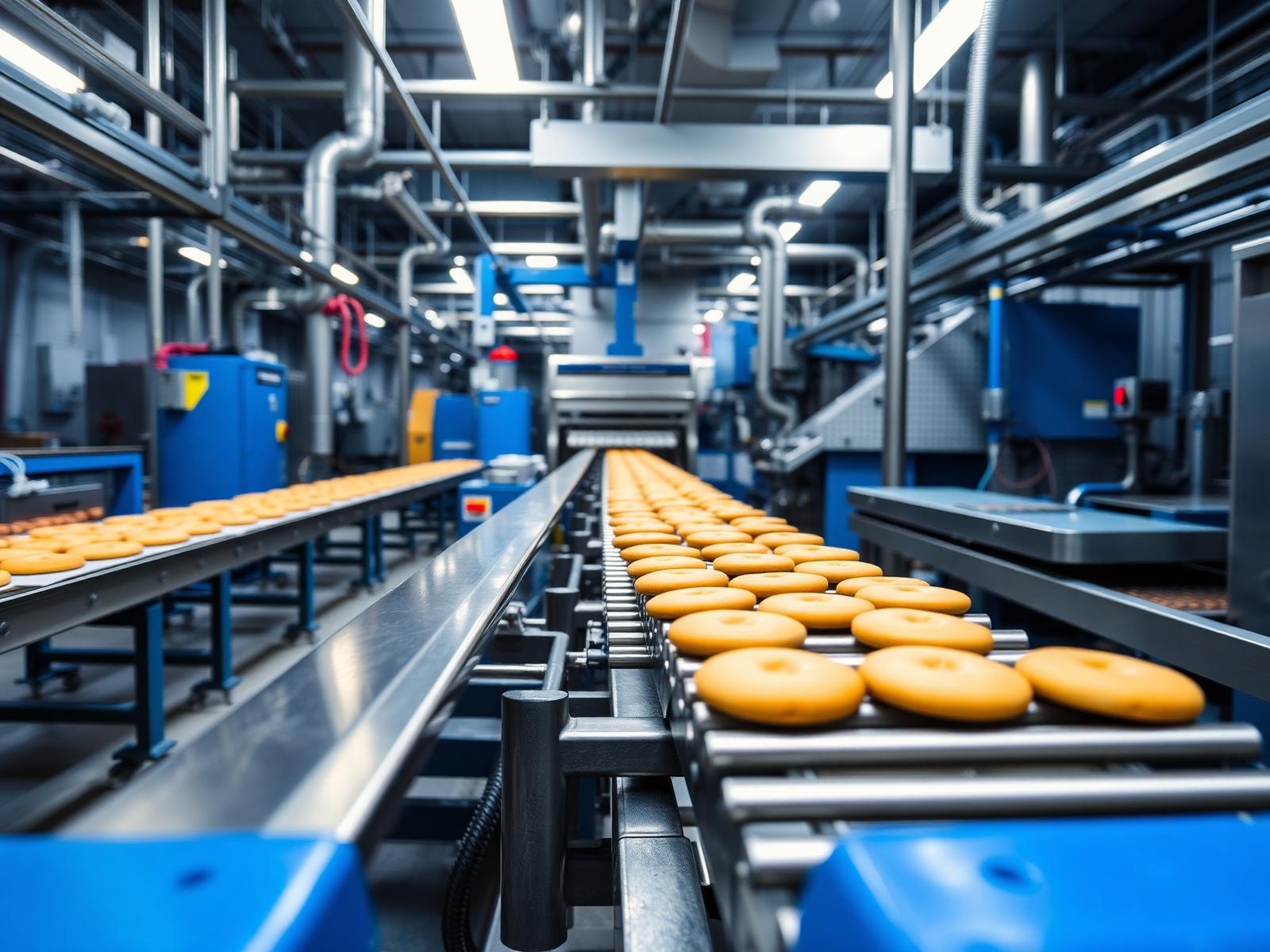 Biscuits moving along a stainless steel production line in a modern food factory